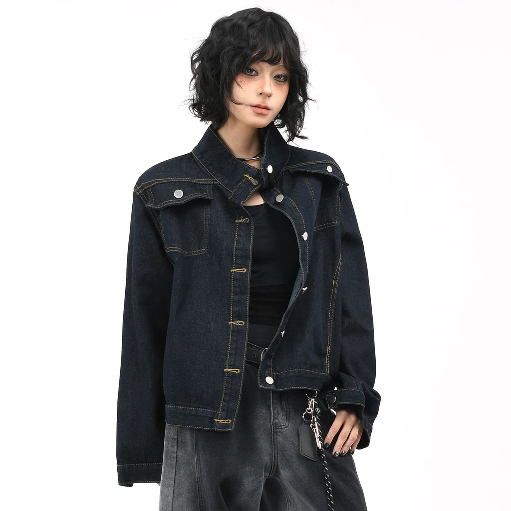 OV original American washed vintage stand up collar denim jacket for women's autumn street ruff and casual short jacket top