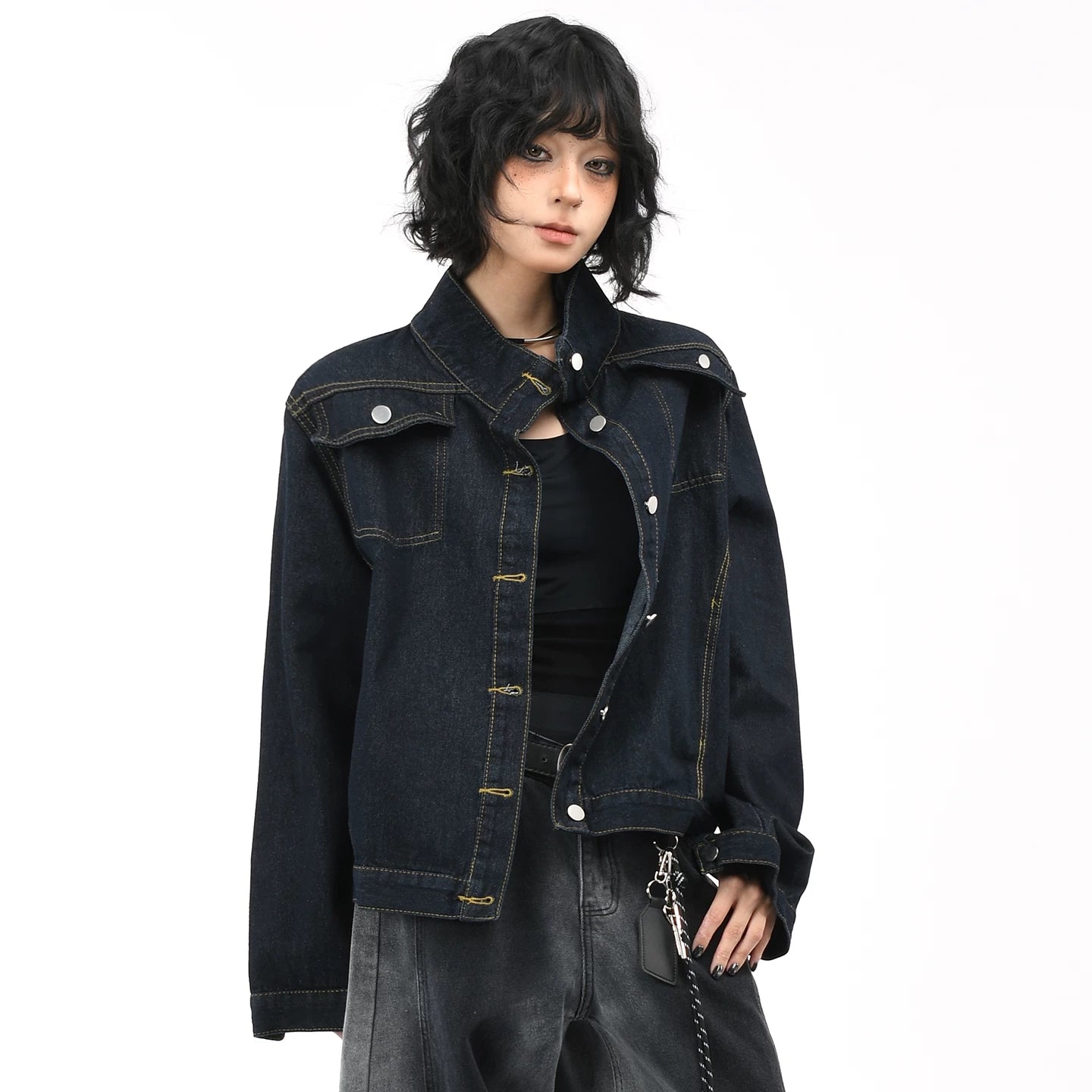 OV original American washed vintage stand up collar denim jacket for women's autumn street ruff and casual short jacket top