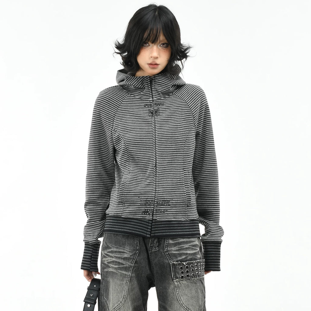 OV original American retro striped slim fit hooded sweatshirt for women's autumn street casual short cardigan jacket top