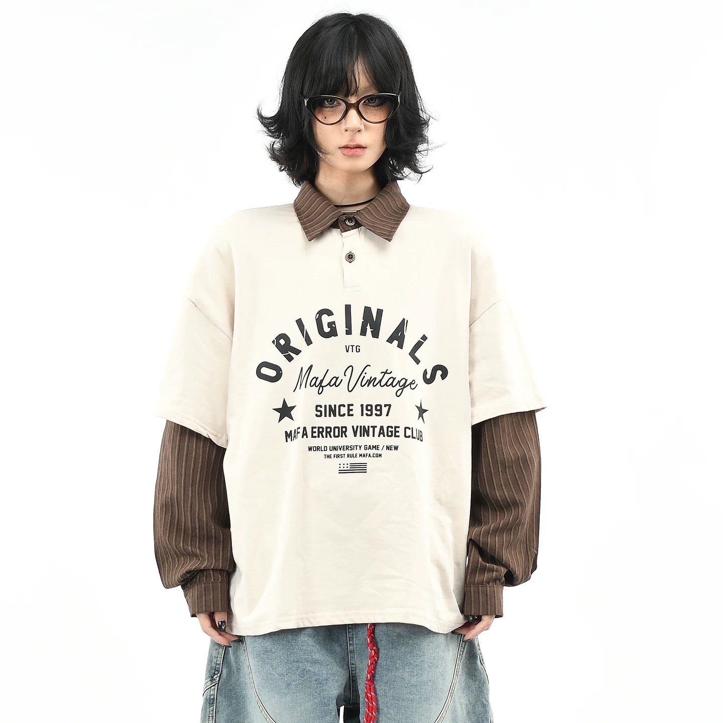 OV Original/American Retro Fake Two Piece Stripe Splicing Collar T-shirt for Men and Women Autumn Street Loose Long Sleeve Polo