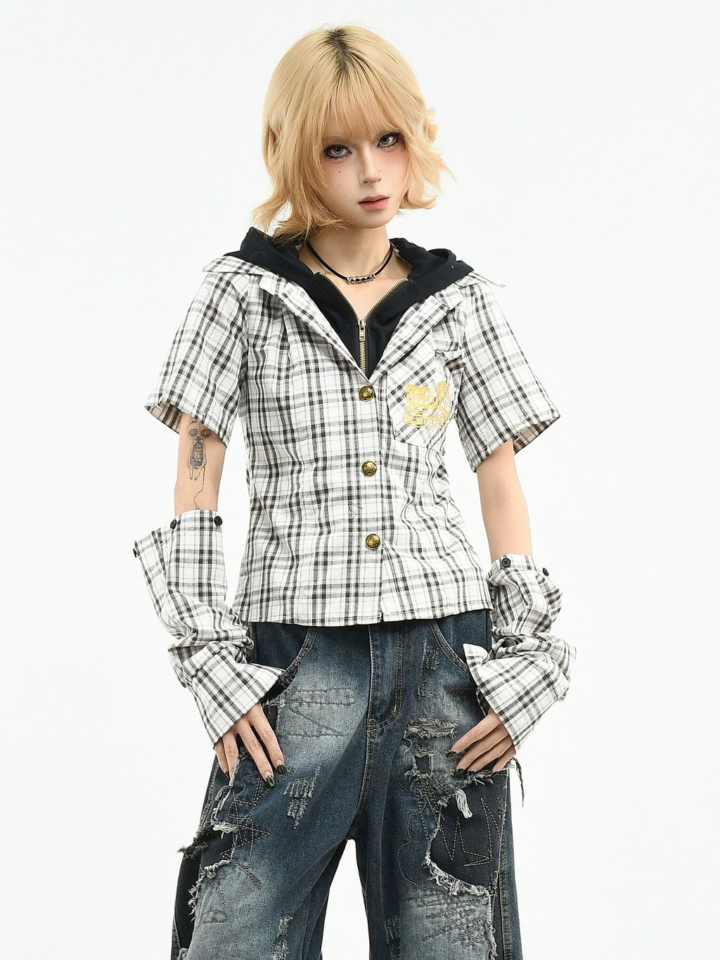 OV original subculture sleeve detachable fake two-piece long sleeved shirt for women's spring slim fit short plaid shirt trend