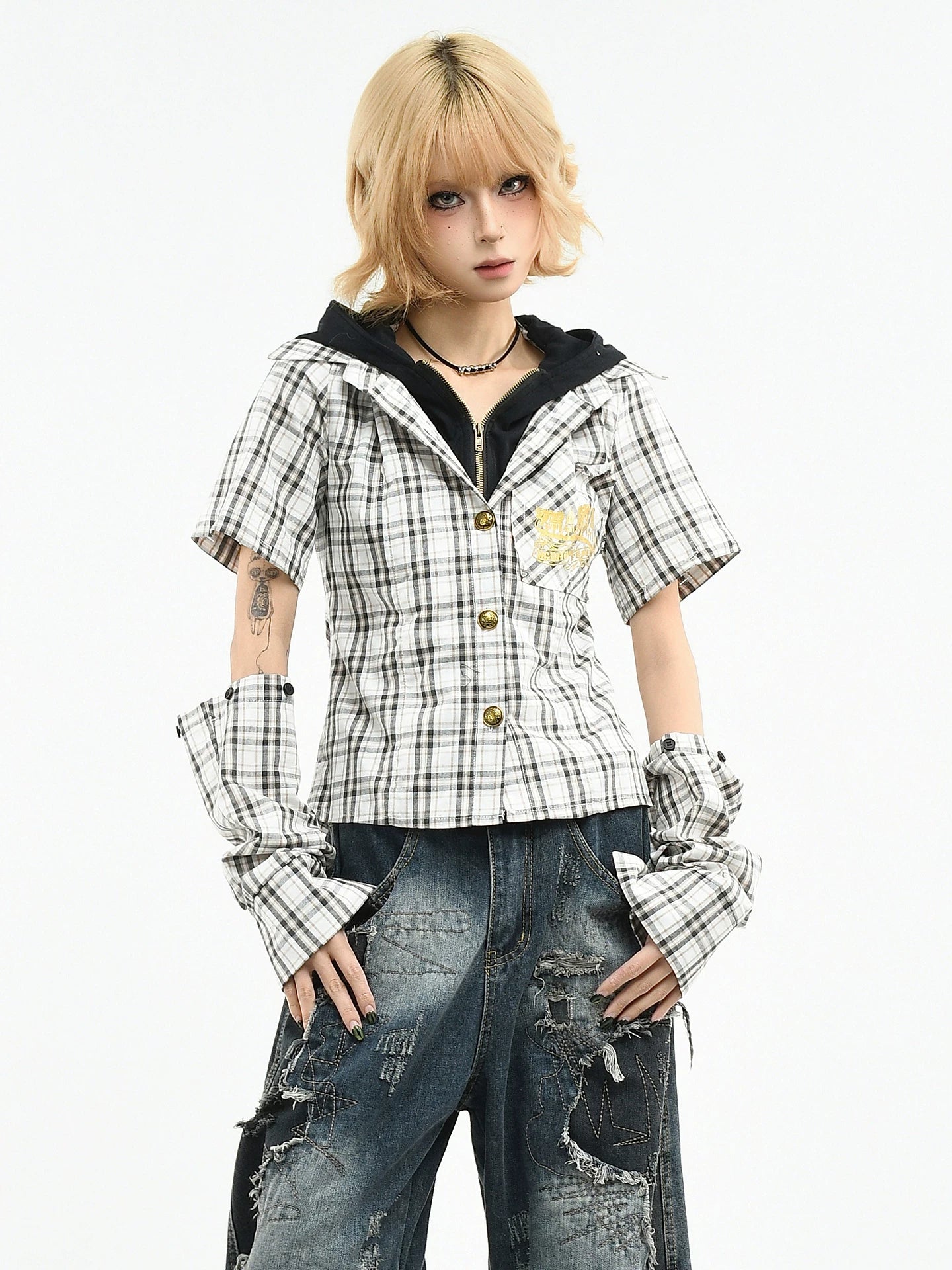 OV original subculture sleeve detachable fake two-piece long sleeved shirt for women's spring slim fit short plaid shirt trend