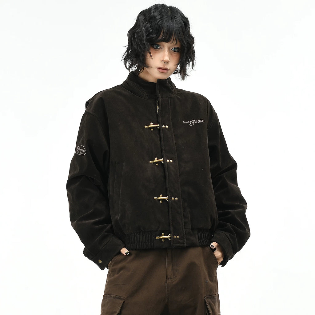 OV Original American Retro Leather Fleece Airplane Buckle Stand up Collar Short Down Jacket Women's Winter Thick Warm Thick Coat