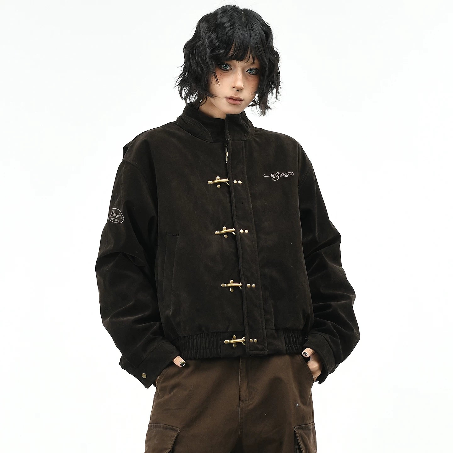 OV Original American Retro Leather Fleece Airplane Buckle Stand up Collar Short Down Jacket Women's Winter Thick Warm Thick Coat