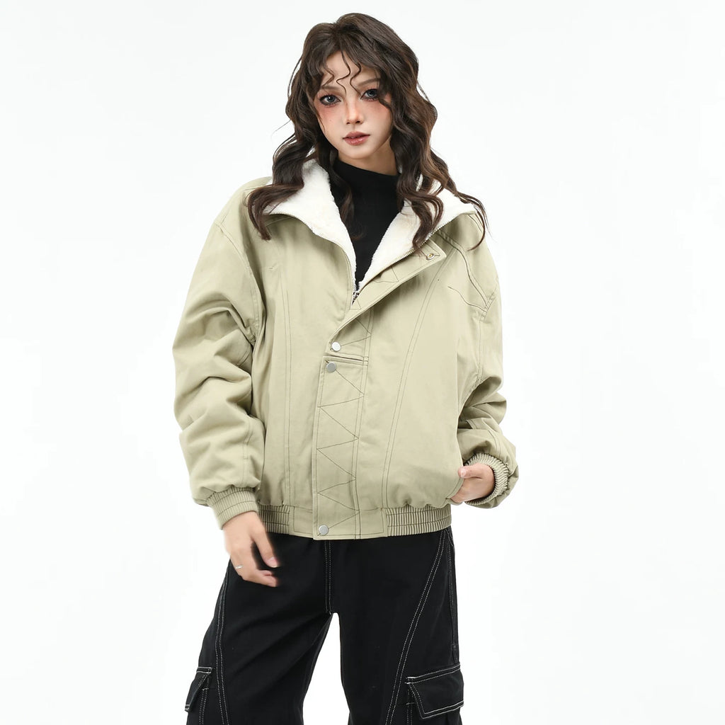 OV Original American Retro Clear Thread Deconstruction Design with Velvet Warm Coat Women's Winter Loose Casual Cotton Coat