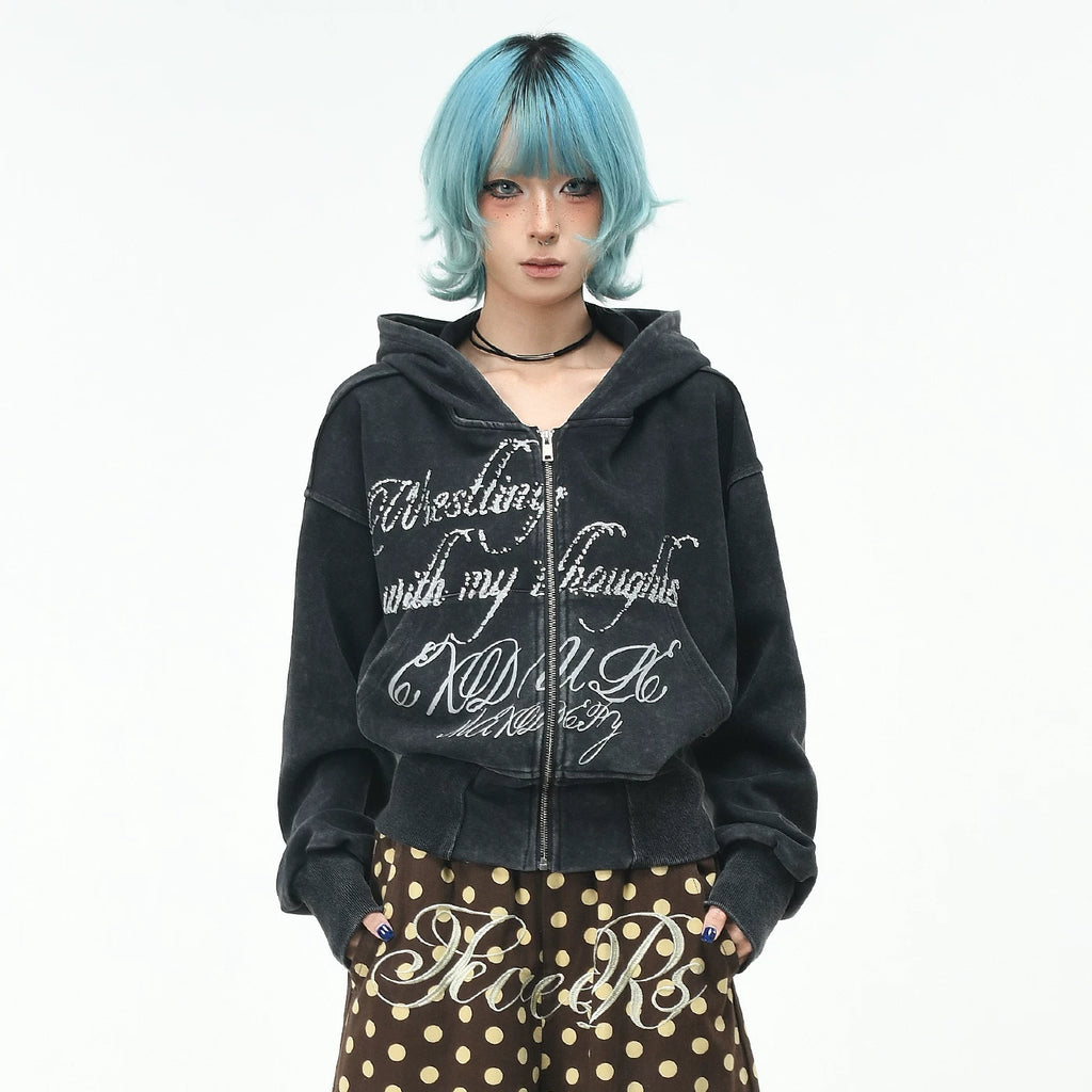 OV Original Retro Hot Diamond Widening Thread Waist Hoodie Women's Autumn Loose Short cardigan Show Thin Coat