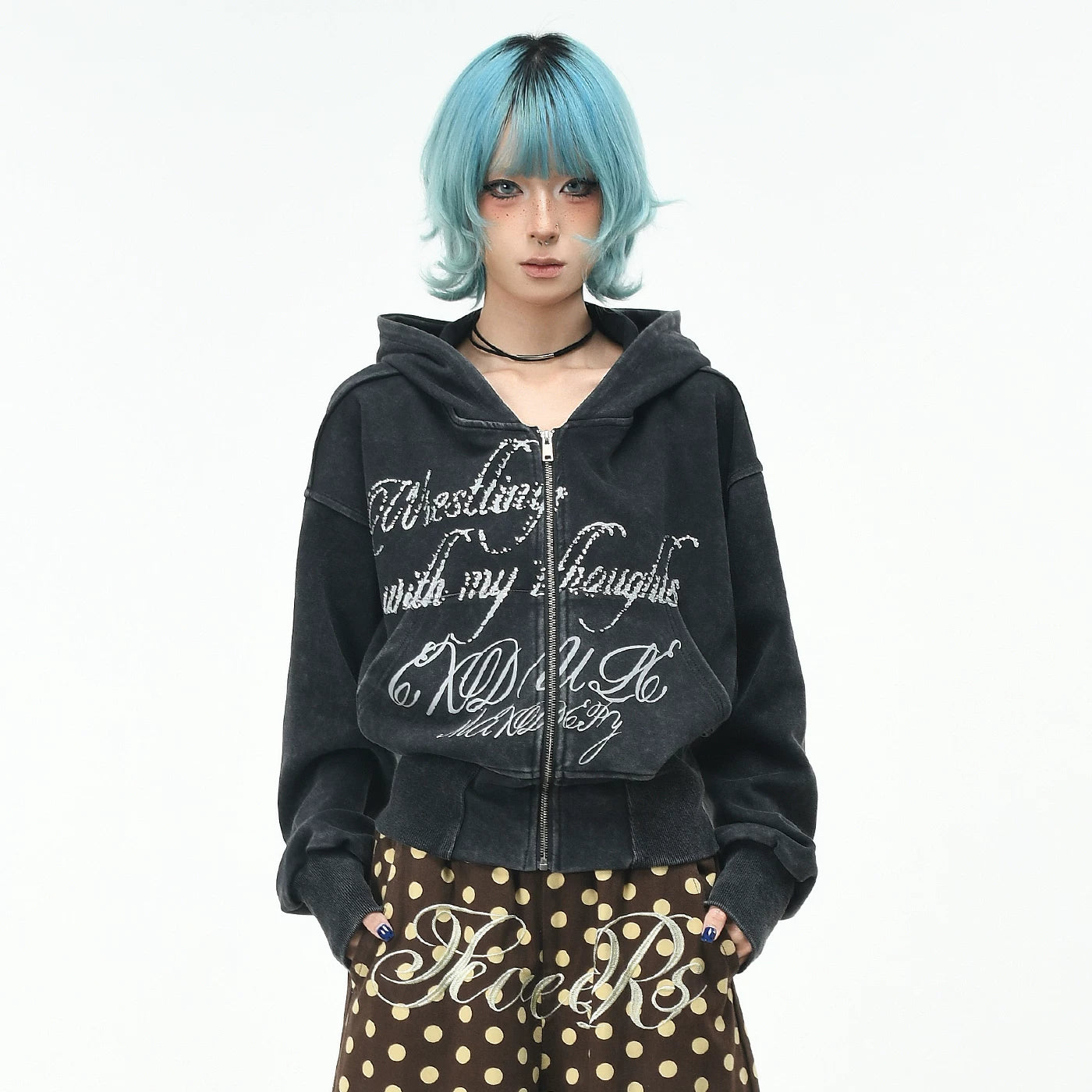 OV Original Retro Hot Diamond Widening Thread Waist Hoodie Women's Autumn Loose Short cardigan Show Thin Coat