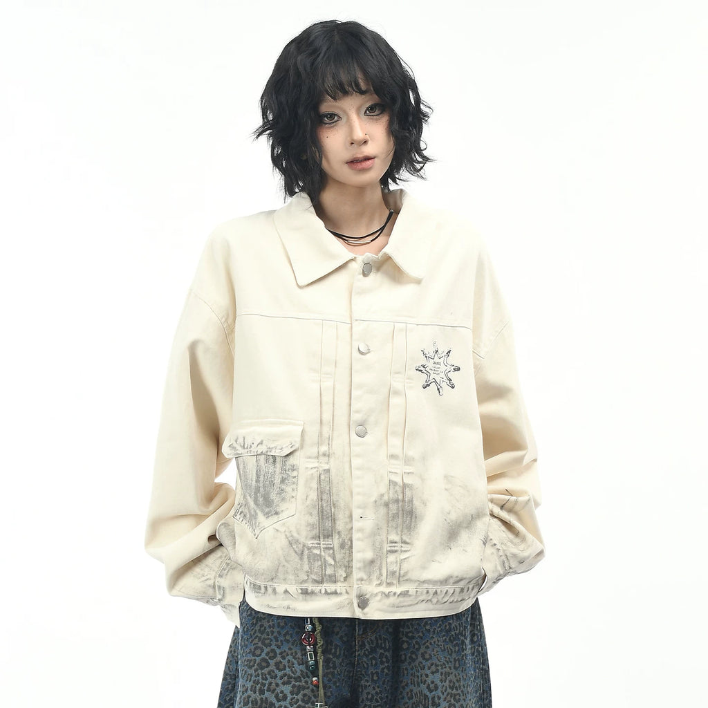OV原创美式复古人物印花做旧脏染工装外套男女秋季宽松休闲夹克潮