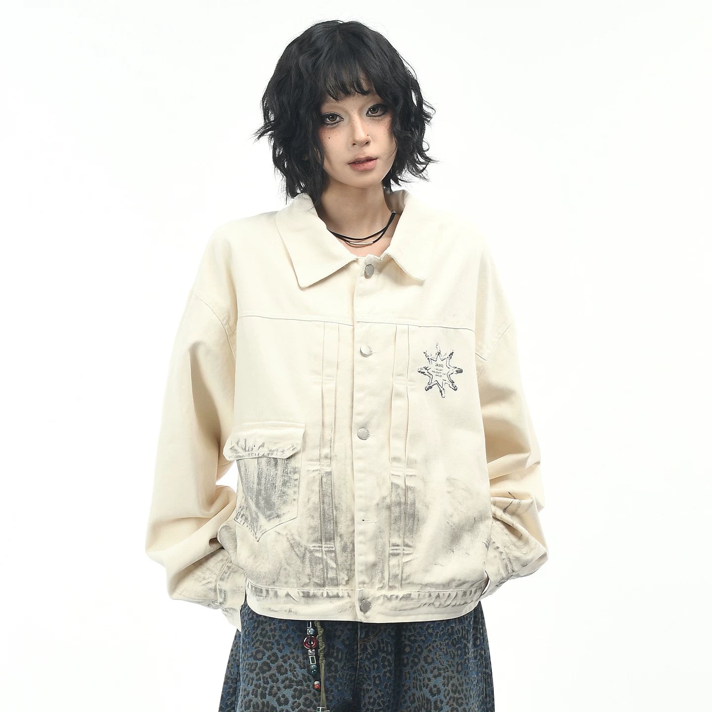 OV原创美式复古人物印花做旧脏染工装外套男女秋季宽松休闲夹克潮
