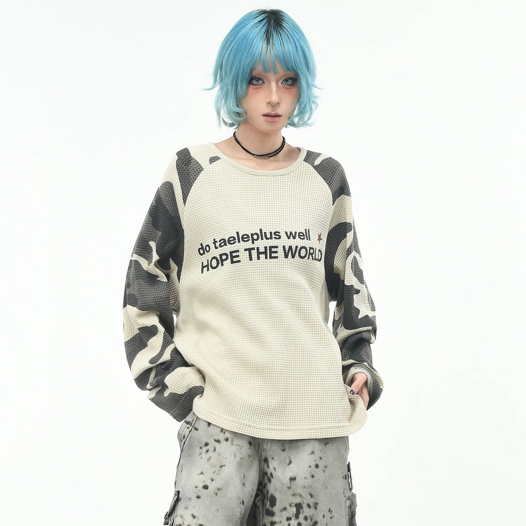 OV original/American camouflage raglan sleeve contrasting long sleeved T-shirt for men and women in autumn Boxy short and wide waffle top trend