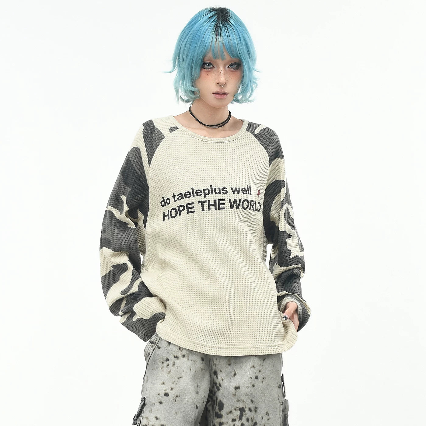 OV original/American camouflage raglan sleeve contrasting long sleeved T-shirt for men and women in autumn Boxy short and wide waffle top trend