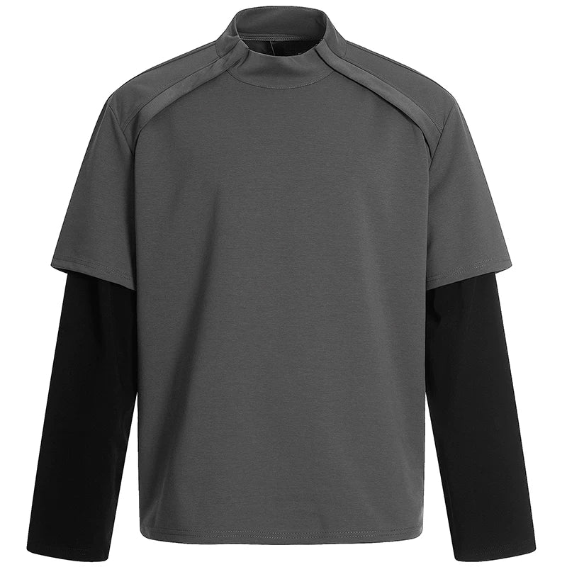OV original/American retro fake two-piece spliced long sleeved T-shirt for men and women in autumn, loose half neck base shirt top