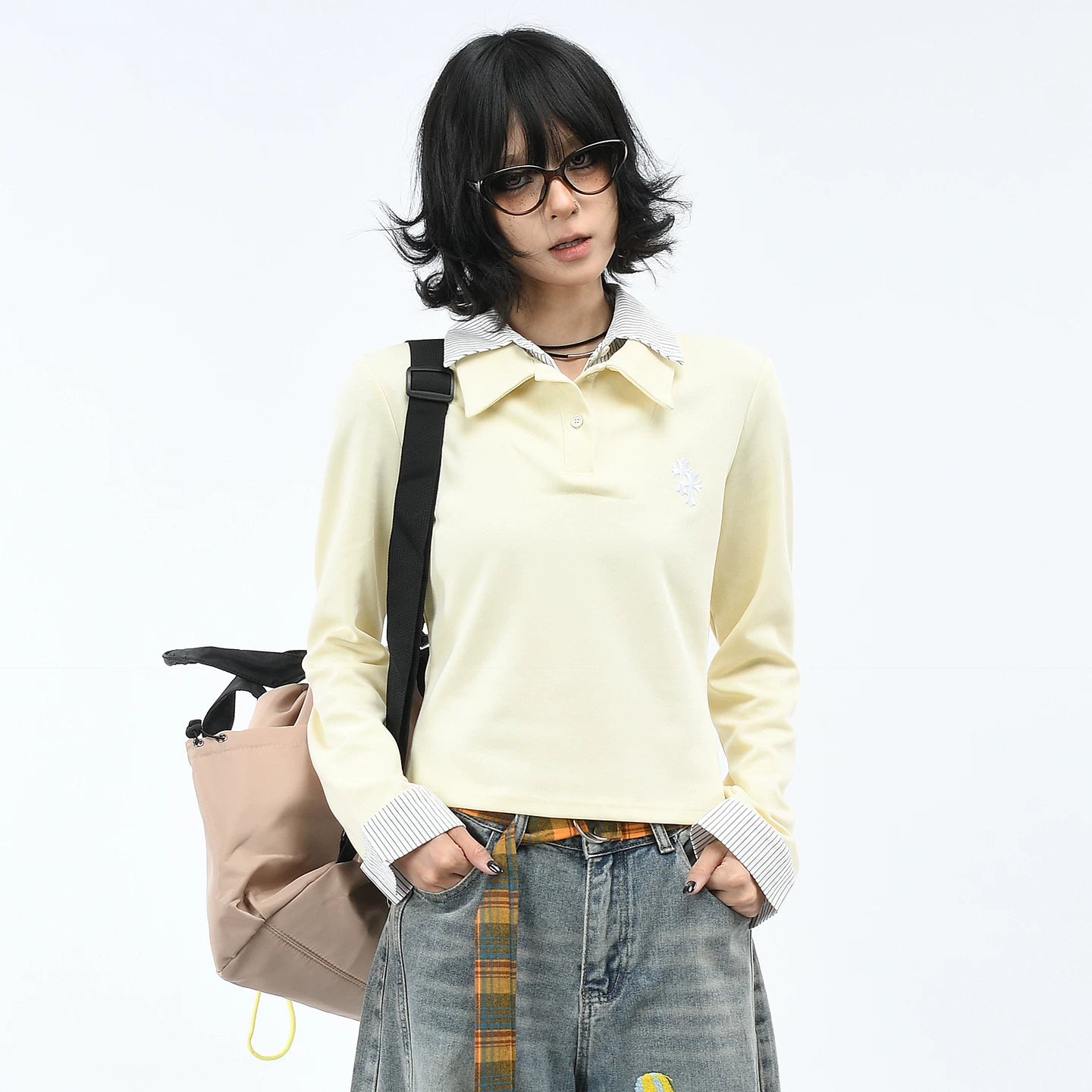 OV Original/American College Style Vacation Two POLO Collar Long Sleeve T-shirt for Women Autumn Short Shoulder Casual Top Trendy