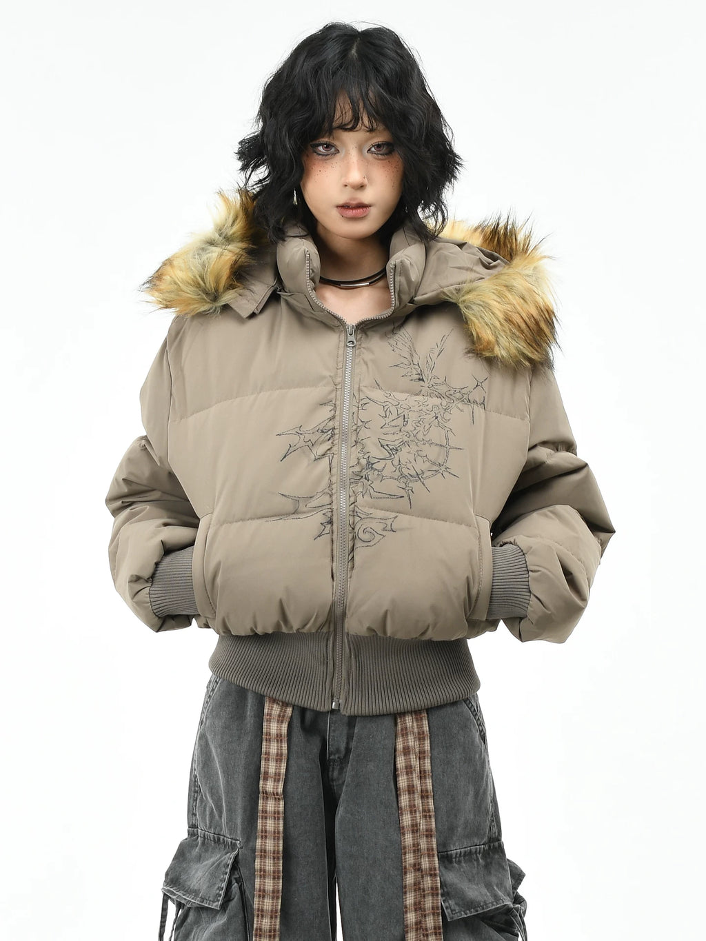 OV original American style fur collar, detachable waist, hood, cotton jacket, women's winter short style, slim and warm, cotton jacket, trendy