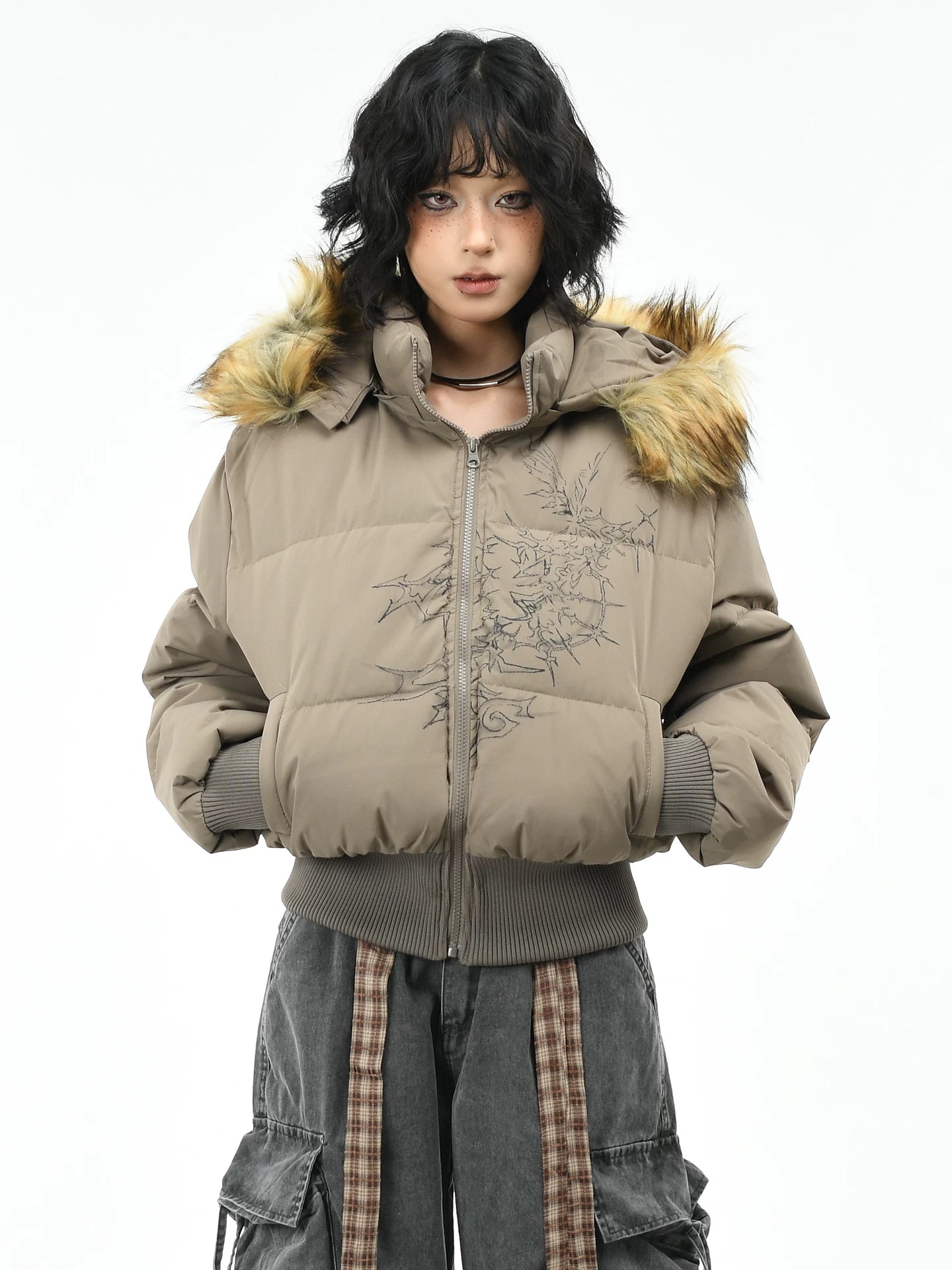 OV original American style fur collar, detachable waist, hood, cotton jacket, women's winter short style, slim and warm, cotton jacket, trendy