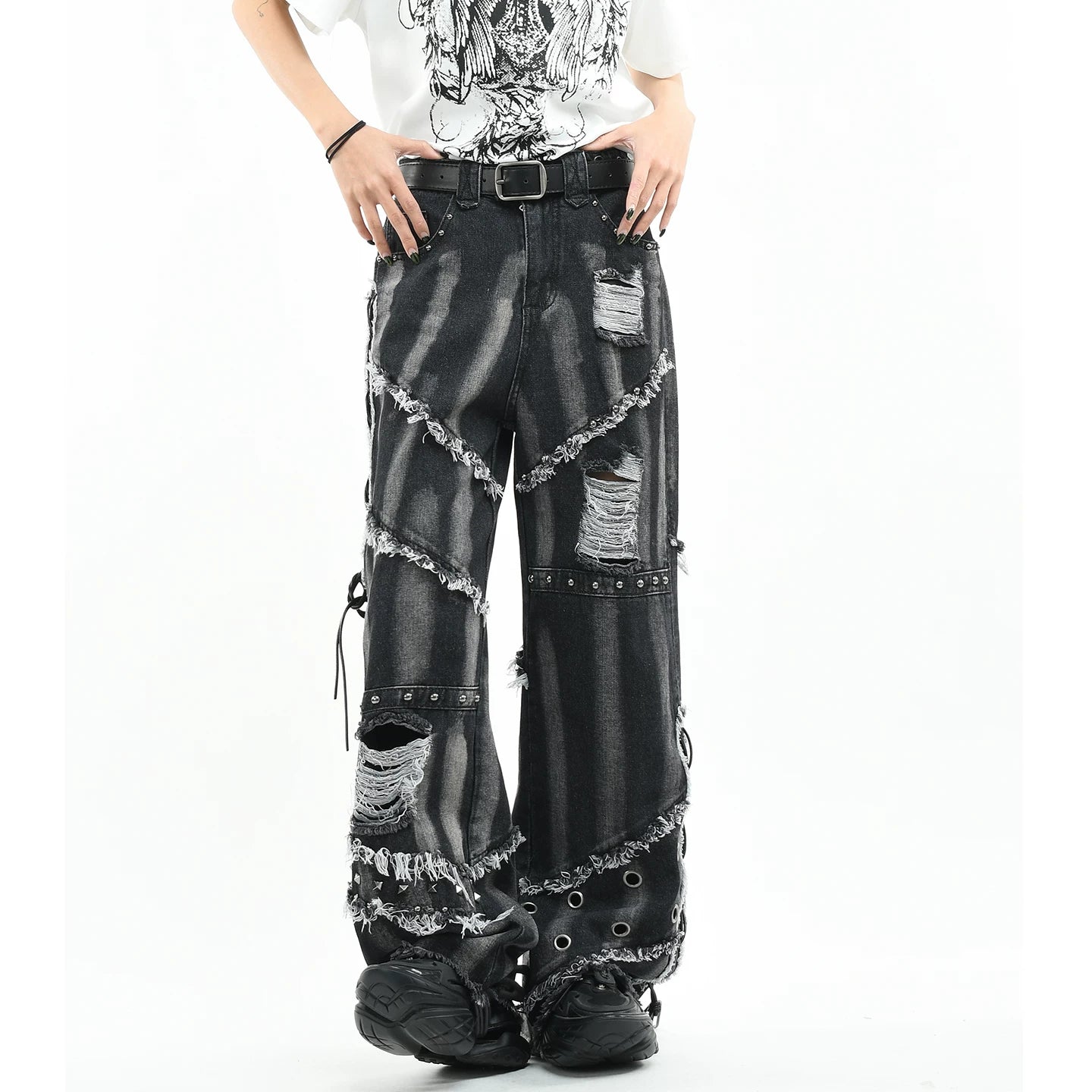 OV original American punk rivet distressed washed denim jeans for men and women, lightweight and loose straight leg with frayed edges, long pants