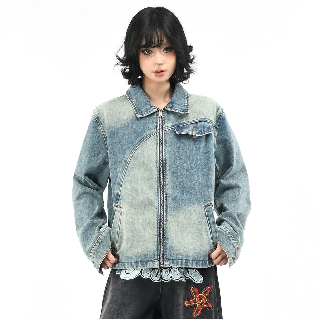 OV original American deconstruction splicing washed denim jacket for women's autumn street loose casual short jacket