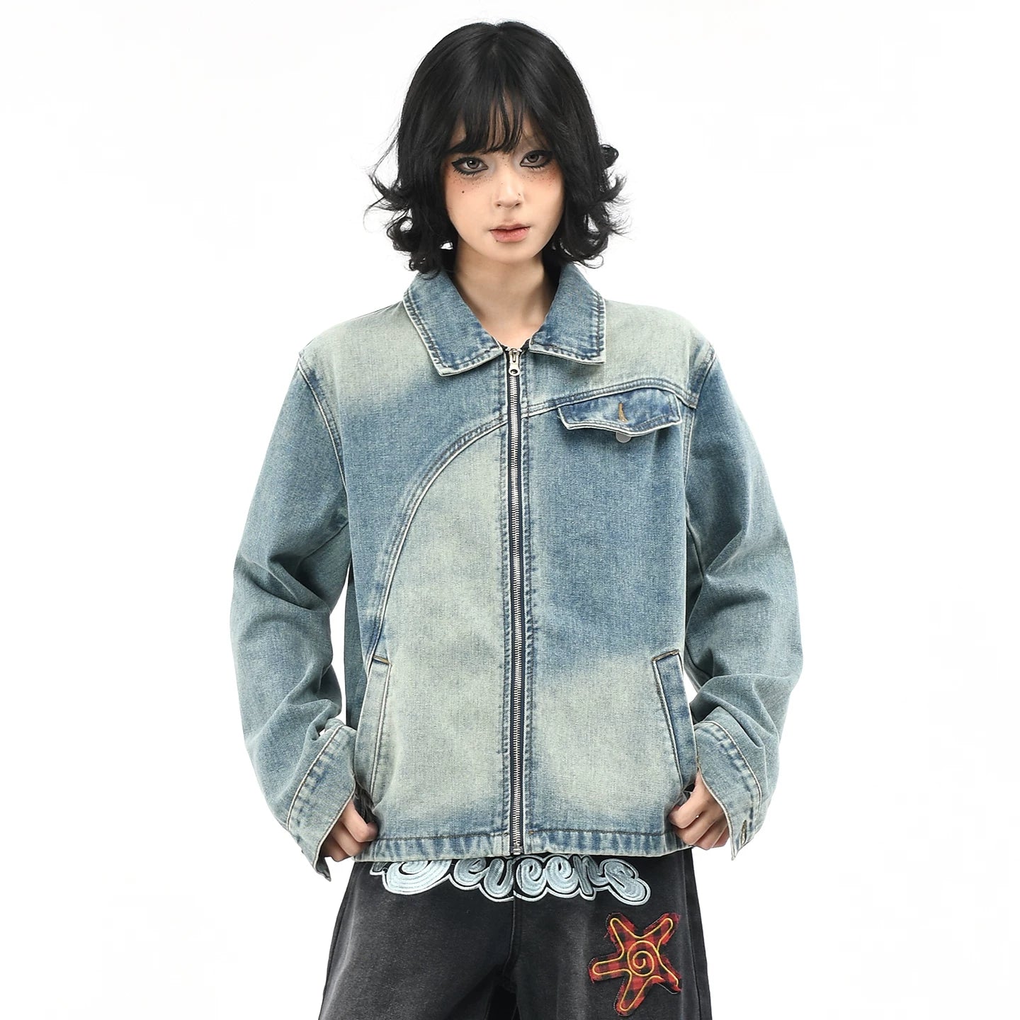 OV original American deconstruction splicing washed denim jacket for women's autumn street loose casual short jacket