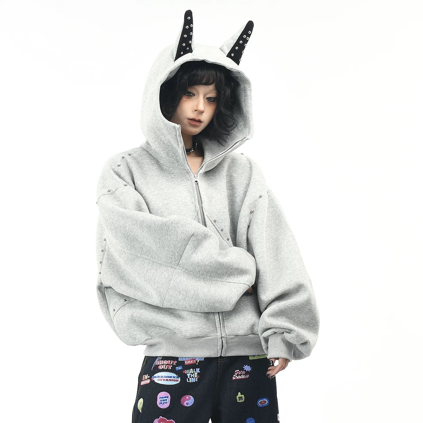 OV original American dog ear design hooded sweatshirt for men and women, autumn loose rivet splicing couple cardigan jacket