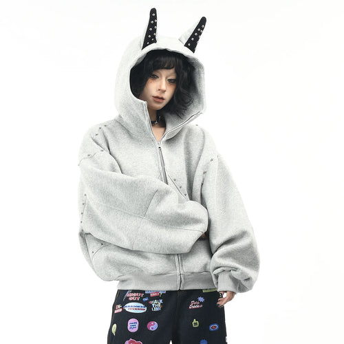 OV original American dog ear design hooded sweatshirt for men and women, autumn loose rivet splicing couple cardigan jacket