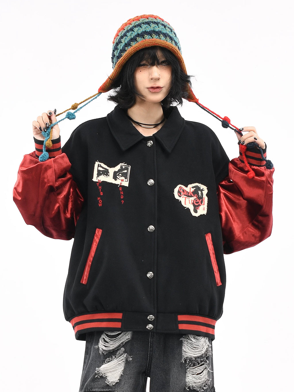 OV original American retro character patch embroidery baseball jacket for women, autumn loose contrasting splicing jacket for men