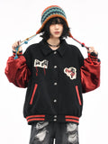 OV original American retro character patch embroidery baseball jacket for women, autumn loose contrasting splicing jacket for men