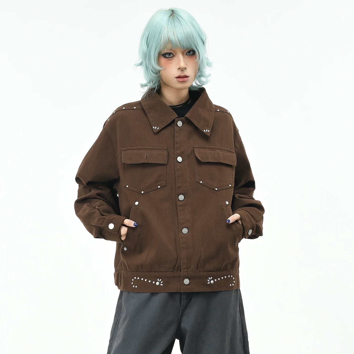 OV original American retro rivet multi pocket workwear jacket for men and women autumn deconstruction loose short lapel jacket