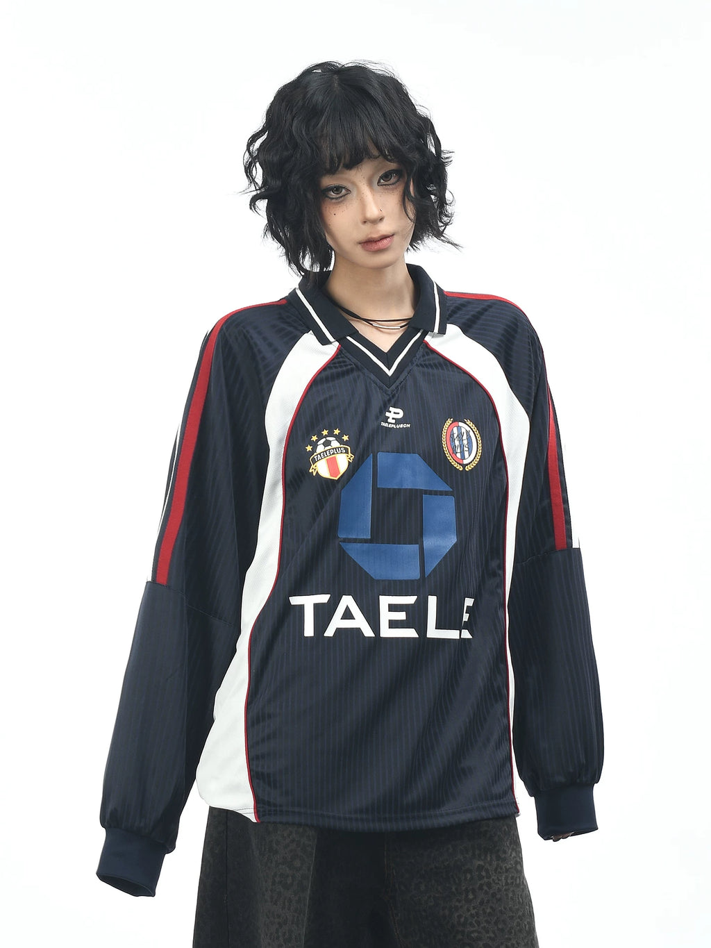 OV original American retro V-neck jersey printed long sleeved T-shirt for men and women autumn loose fitting raglan sleeves couple's top trend