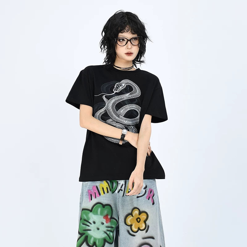OV Original/Summer China-Chic Year of the Snake Limited 3D Printed Short Sleeve T-shirt Boy and Girl's box shaped Straight Shoulder Slim Top