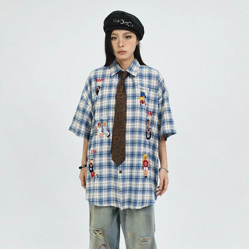 OV original summer American retro checkered cartoon embroidered short sleeved shirt for men and women, niche loose and versatile shirt trend