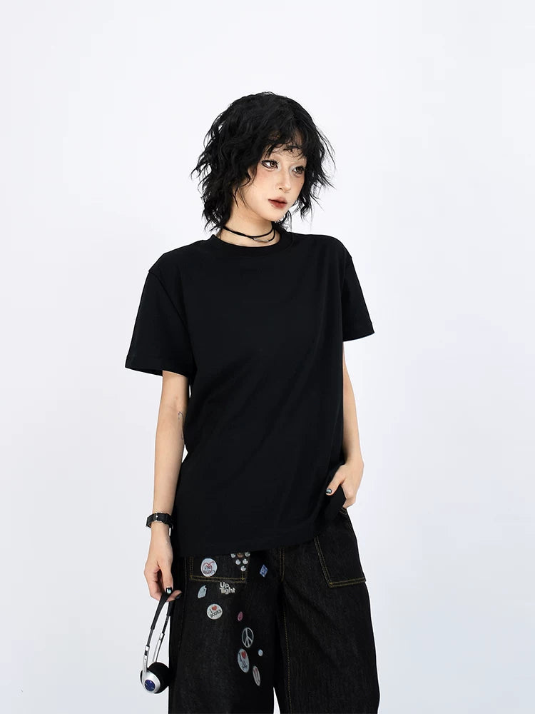 OV original/High Street American solid color quick drying cool feeling ice leather short sleeved T-shirt for men and women boxy shoulder slimming top trendy