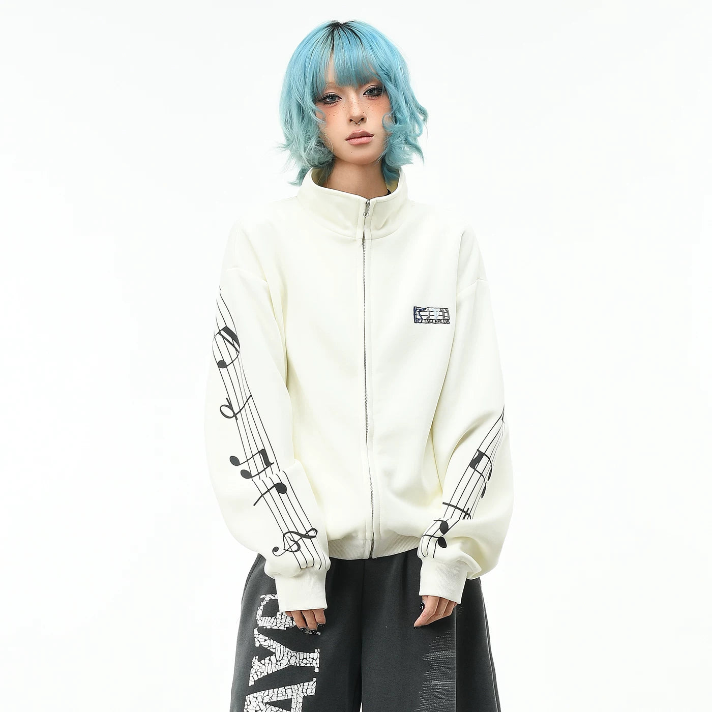 OV original unisex rock note embroidered short jacket for men and women, autumn loose stand up collar zipper casual jacket