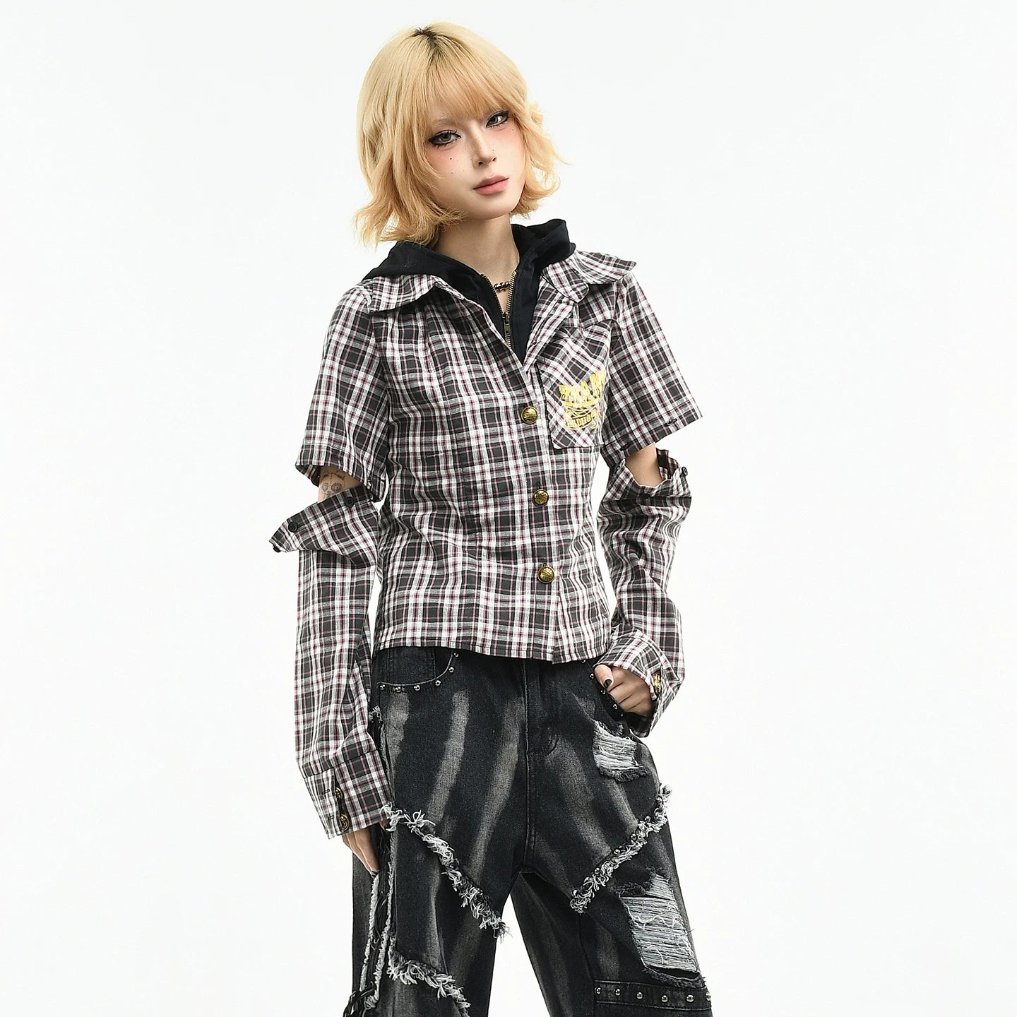 OV original subculture sleeve detachable fake two-piece long sleeved shirt for women's spring slim fit short plaid shirt trend