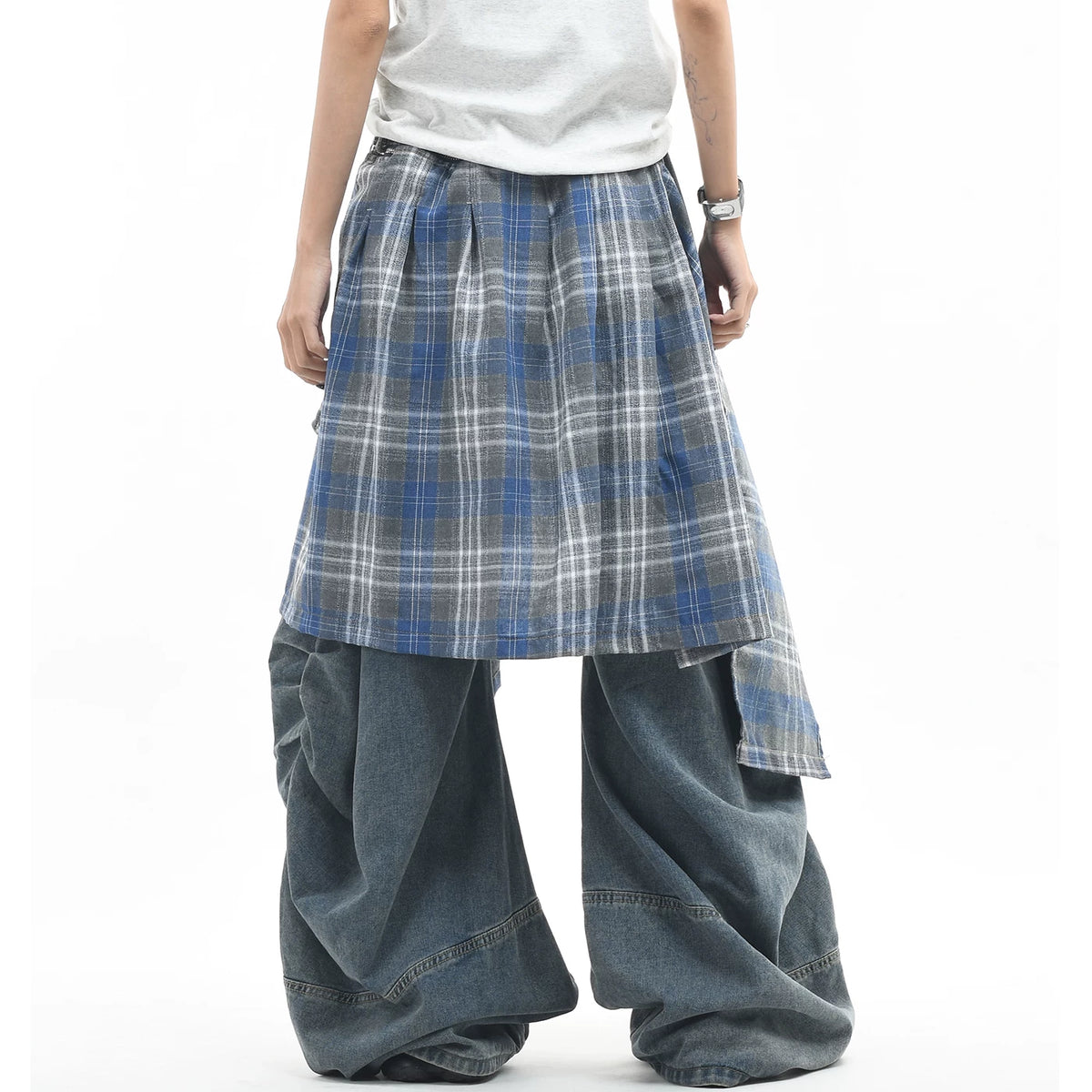 OV original American plaid fart curtain, detachable and layered jeans for men and women, loose and wide leg pleats, worn pants, trendy