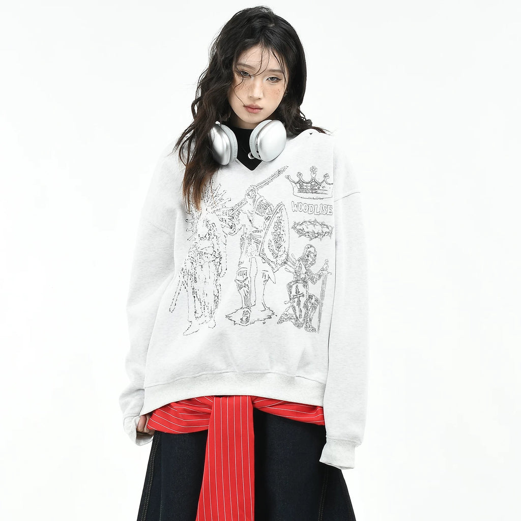 OV original/American knight hand drawn printed V-neck hooded sweatshirt for women in autumn, loose design, pullover top for men