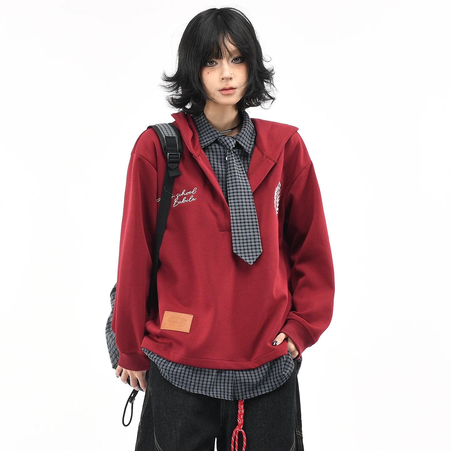 OV original American plaid fake two-piece spliced tie hooded sweatshirt for men and women, autumn college style casual jacket trendy
