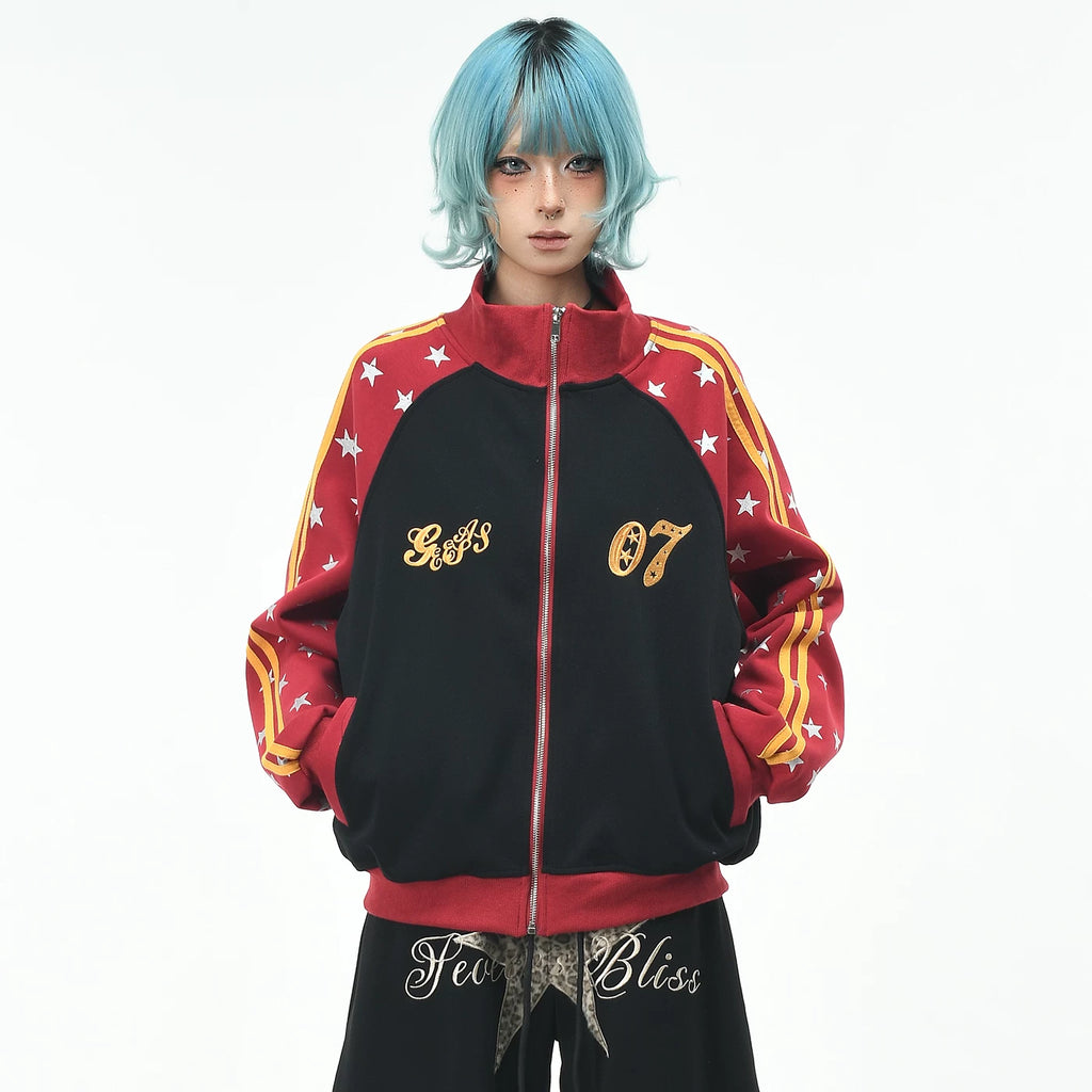OV original retro pentagram printed raglan cardigan sweatshirt for men and women in autumn, loose contrasting color zipper jacket trendy