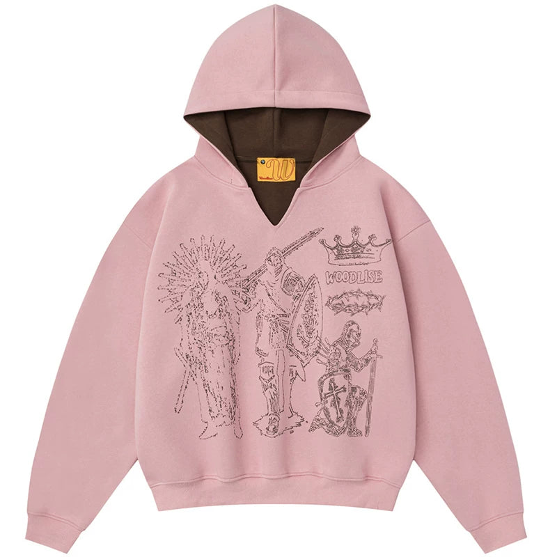 OV original/American knight hand drawn printed V-neck hooded sweatshirt for women in autumn, loose design, pullover top for men