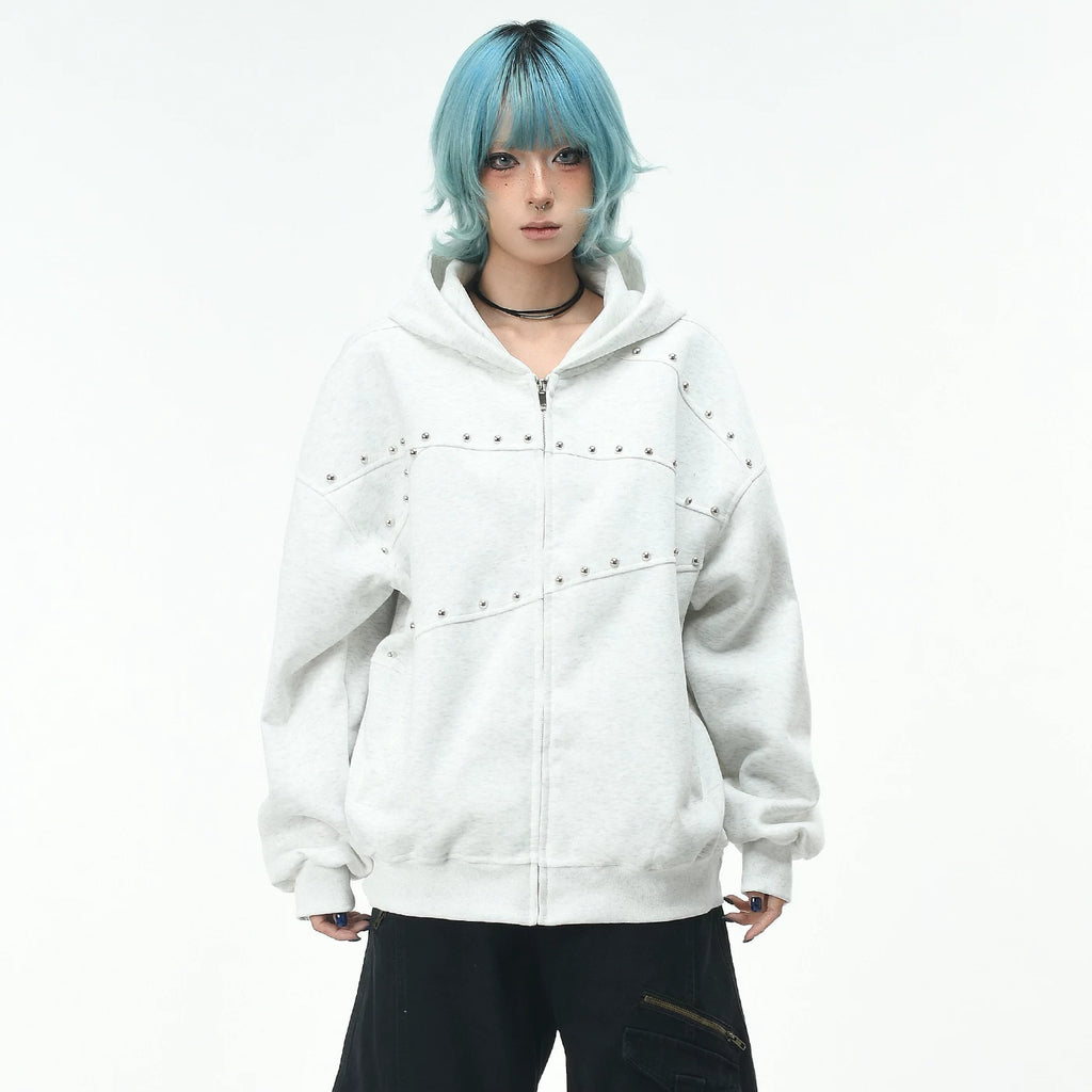 OV original retro deconstruction rivet making old washed hooded sweatshirt women's autumn loose zipper cardigan jacket men's trend