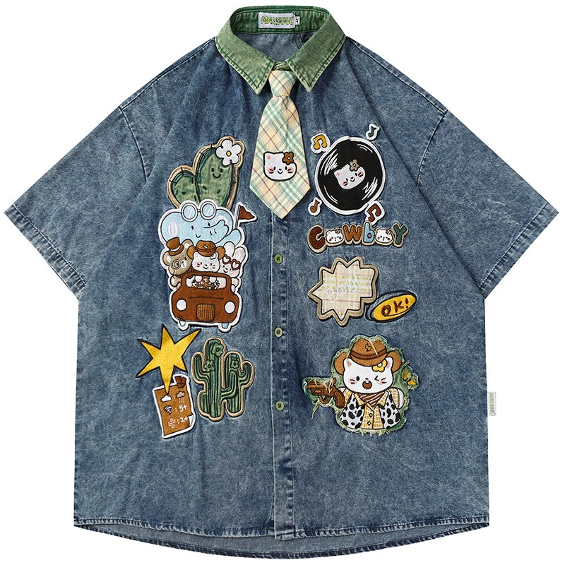 OV original summer cartoon sticker embroidery distressed washed denim shirt men's and women's loose short sleeved tie shirt trend