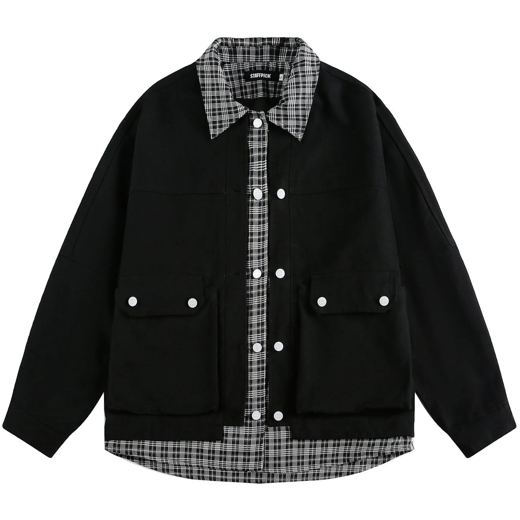 OV original American retro checkered patchwork fake two-piece workwear jacket for women, autumn casual loose collar jacket for men