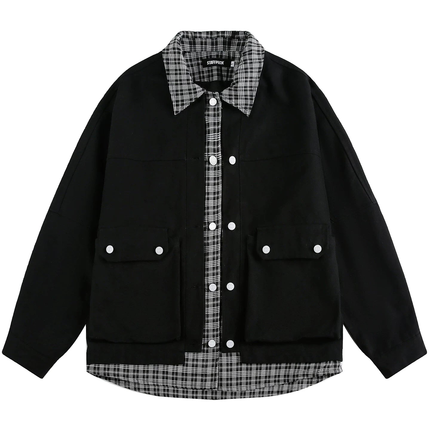 OV original American retro checkered patchwork fake two-piece workwear jacket for women, autumn casual loose collar jacket for men
