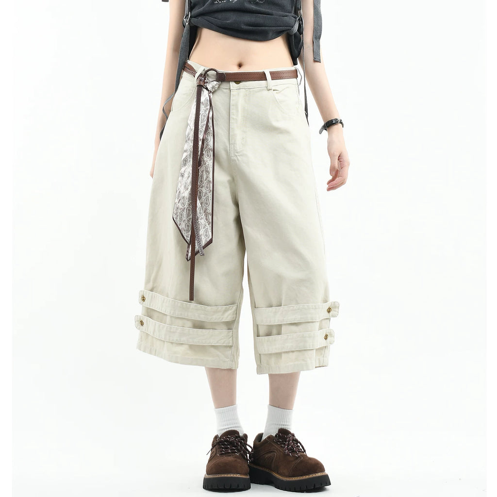 OV original American retro scarf belt design work pants for men and women, summer loose wide leg casual cropped pants trend