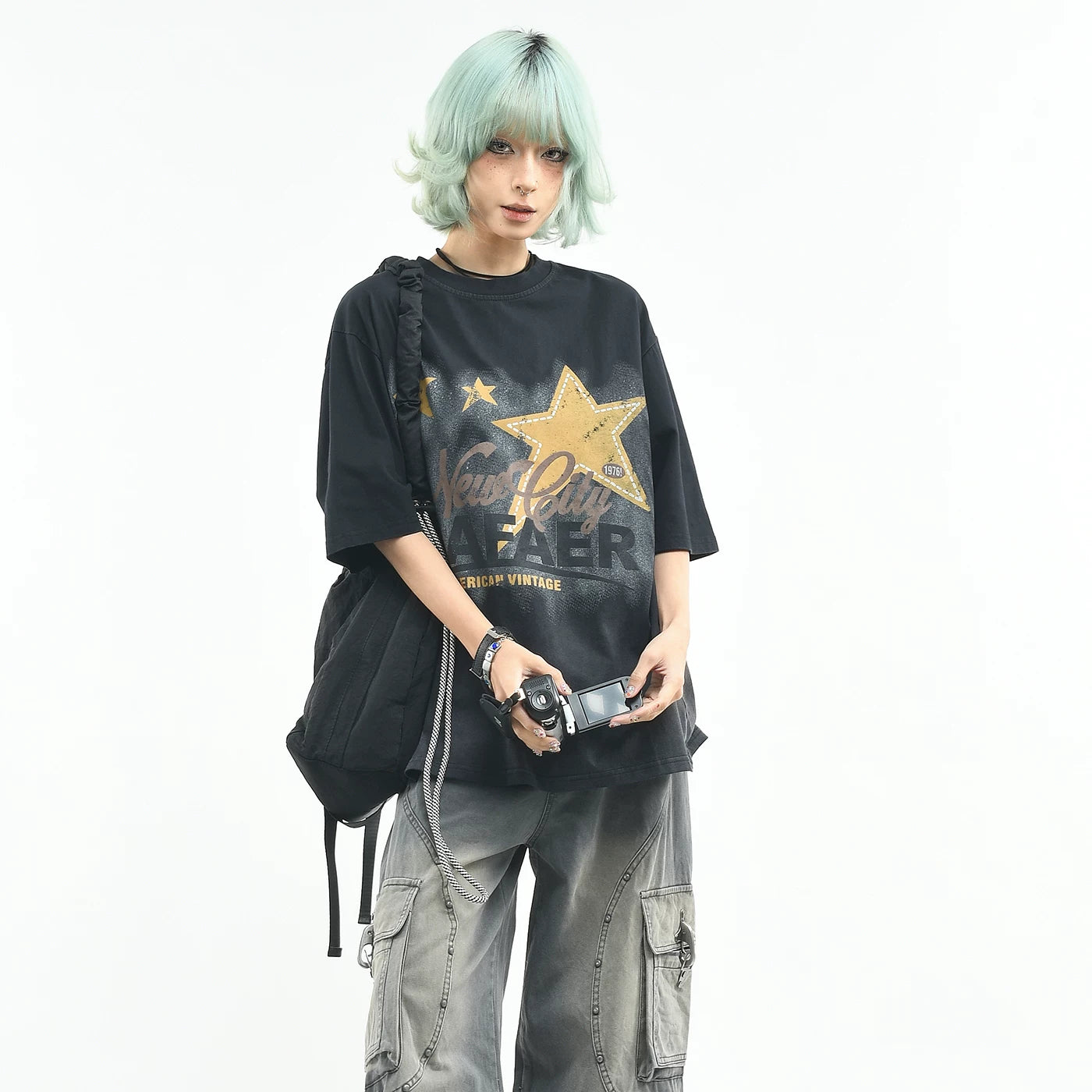 OV original/retro star print tie dye short sleeved T-shirt for women, summer loose round neck trendy brand vintage top for men, boyfriend