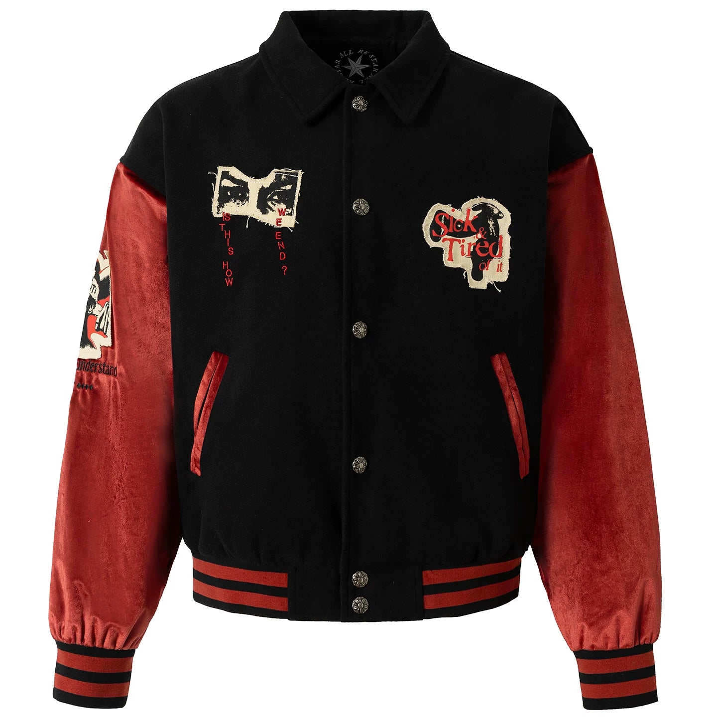 OV original American retro character patch embroidery baseball jacket for women, autumn loose contrasting splicing jacket for men