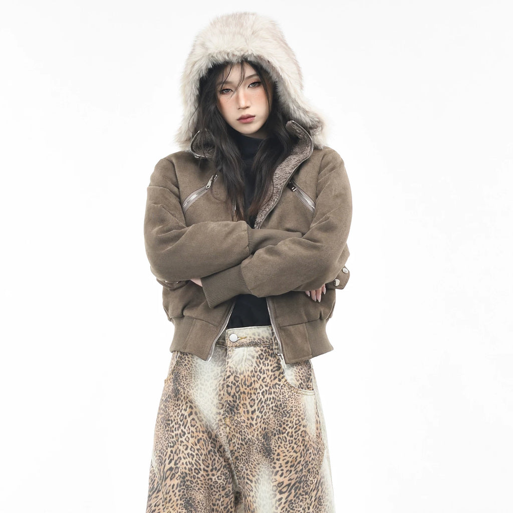 OV original American retro fur collar design with thick fleece hooded jacket for women's winter short, slim and warm cotton jacket