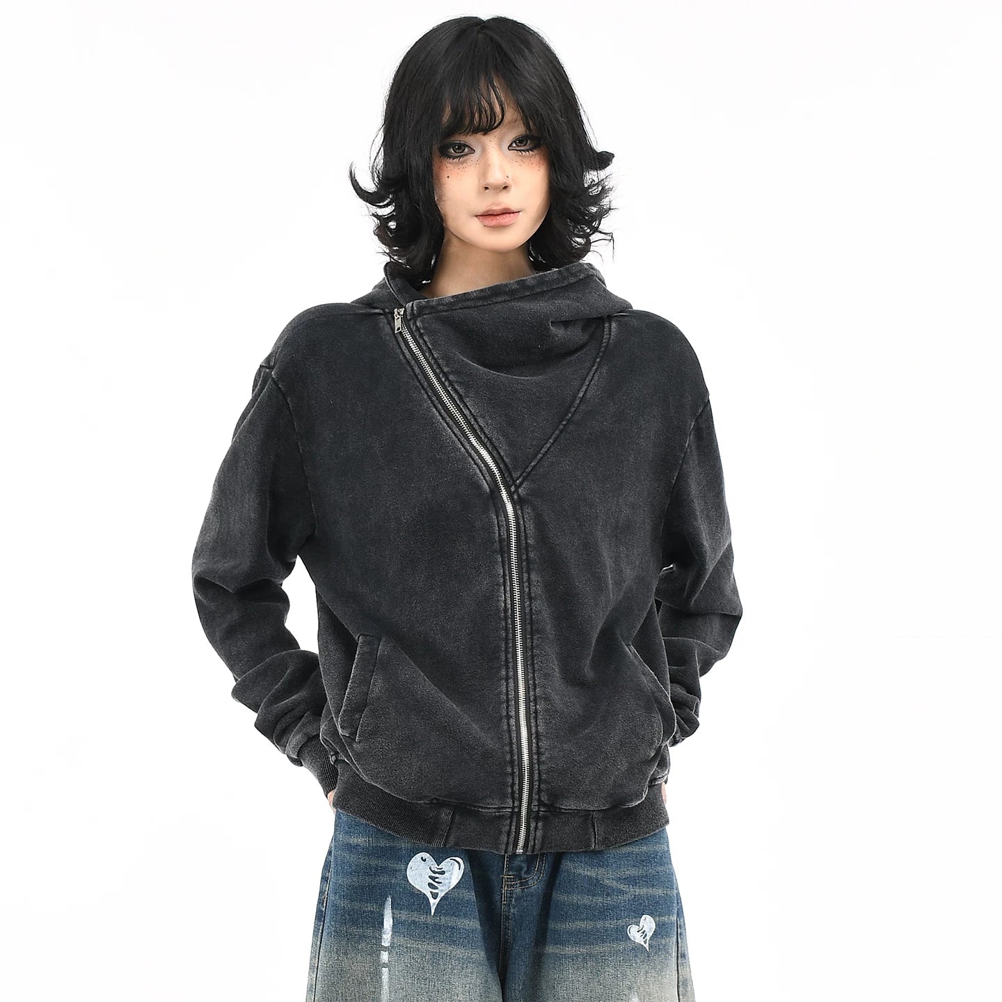 OV original American retro vintage washed short hooded sweatshirt for women in autumn, loose diagonal zipper cardigan jacket trendy