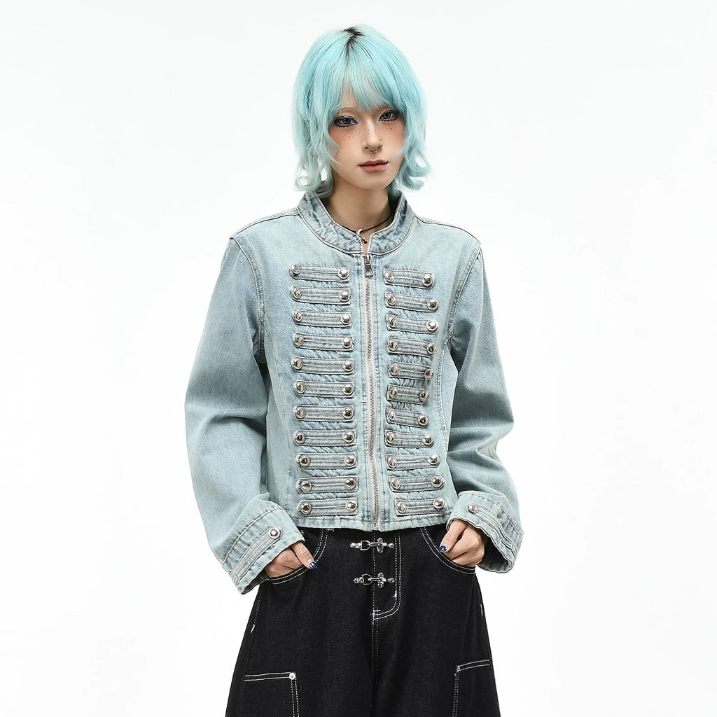 OV original high street Napoleon washed vintage denim jacket for women's autumn slim fit short style breasted stand up collar jacket trend