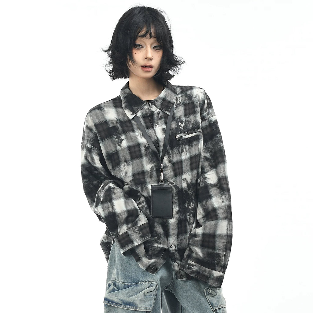 OV original American retro plaid tie dye vintage long sleeved shirt for men and women in autumn, loose and casual, fringed shirt trend