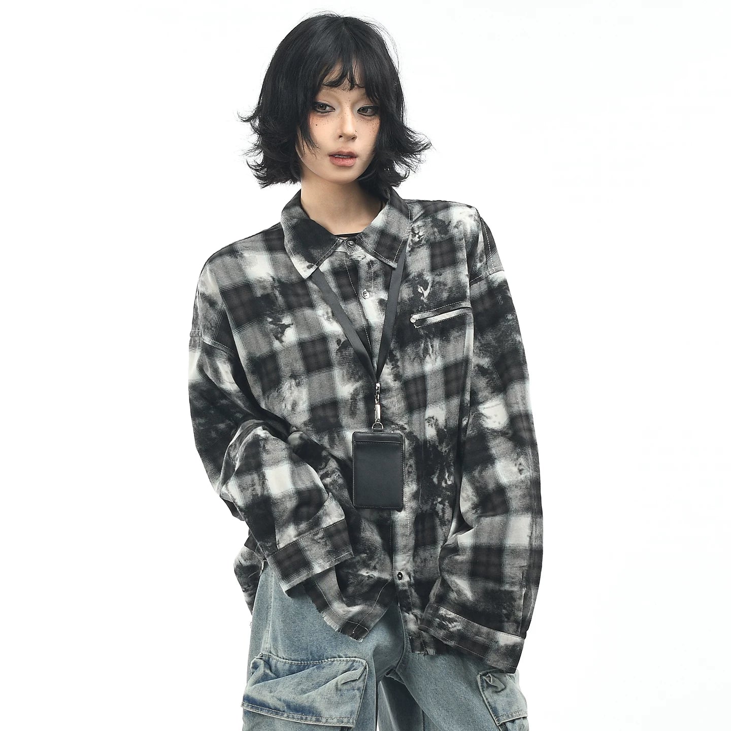 OV original American retro plaid tie dye vintage long sleeved shirt for men and women in autumn, loose and casual, fringed shirt trend